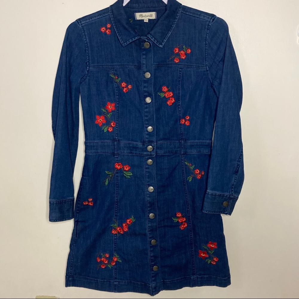 Madewell Floral Embroidered Denim Shirt Dress